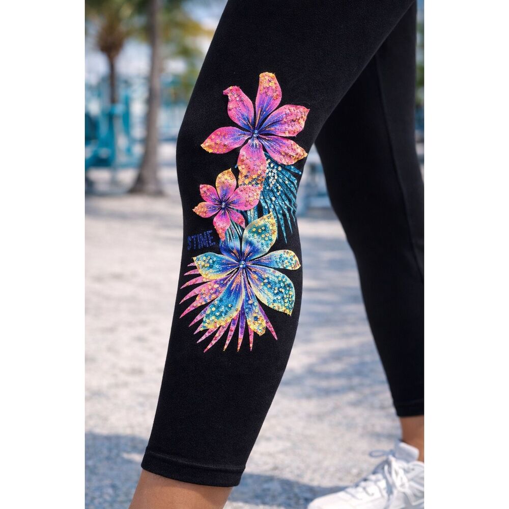 PINK Victoria’s Secret Tropical Floral Bling Yoga Leggings L Black Sequin Waist - Picture 5 of 16